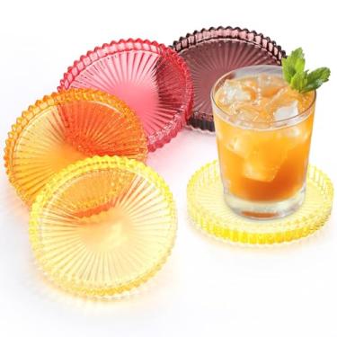 Imagem de Queekay Conjunto de 4 porta-copos de vidro colorido vintage porta-copos de vidro para bebidas decoração de mesa de centro para escritório, cozinha, bar, sala de jantar, sala de estar, pátio (laranja