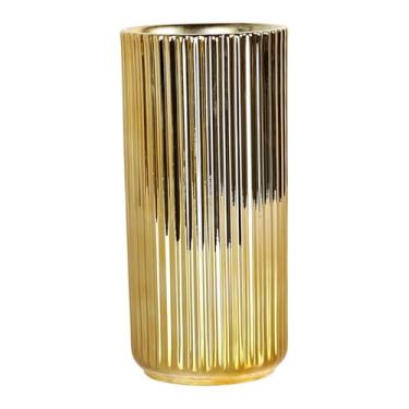 Imagem de Ｂｅｓｇａ Vaso de cerâmica dourada para flores, suporte para plantas, vaso cilíndrico decorativo para arranjos florais, ideal para de entrada, lareira, 11cmx24cm