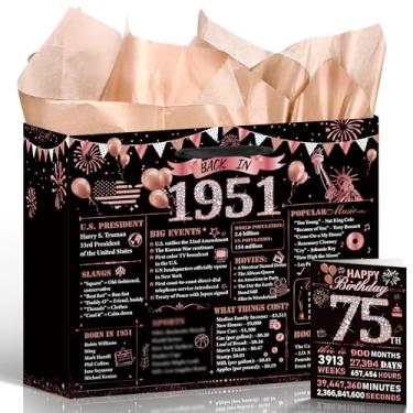 Imagem de Wxiben Bolsa de presente de aniversário de 75 anos - Saco de presente de 75º aniversário de ouro rosa com alças para cartão de felicitações de papel, artigos de festa de aniversário para mulheres de