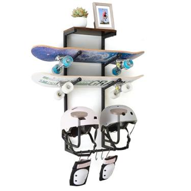 Imagem de Hovnuyee Suporte de parede para skate, prateleira de exibição de 2 níveis para pranchas, suporte de deck de longboard, suportes de capacete de madeira e ganchos de engrenagem, preto