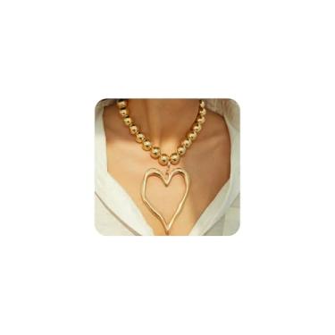 Imagem de Navirix Colar de coração de ouro com contas grandes para mulheres, colar com pingente de coração grosso Y2k na moda do dia dos namorados joia estética, Large, Liga de aço, Sem Pedra Preciosa