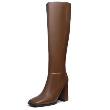 Imagem de Athlefit Botas femininas na altura do joelho, modernas, salto grosso, bico quadrado, botas longas com zíper lateral, Bronzeado, 36