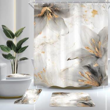 Imagem de Cinbloo Conjunto de 4 peças de cortina de chuveiro preto e dourado, cortina de banheiro floral moderna abstrata moderna com tapete, capa de tampa de vaso sanitário, tapete de banho, cortina de