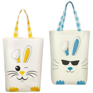 Imagem de Weewooday 2 peças de sacolas de Páscoa para crianças, bolsas de presente de lona de Páscoa, cesta de orelhas de coelho para meninos e meninas, Azul, amarelo.