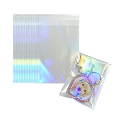 Imagem de 100 unidades de sacos holográficos de celofane, sacos de biscoito iridescentes de 15 x 9,9 cm, sacos de guloseimas de celofane autovedáveis, sacos de presente OPP adesivos para presente de Natal
