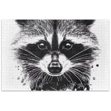 Imagem de Quebra-cabeça fofo guaxinim preto branco para adultos 1000 peças engraçadas presentes presentes mordaça presente decoração de pintura de quebra-cabeça