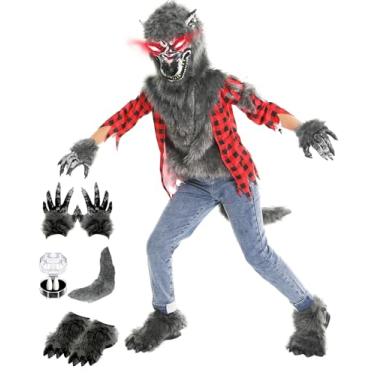 Imagem de Nalmits Disfarce de lobisomem de Halloween para crianças, trajes de lobo uivando de luxo com máscara de olhos vermelhos iluminados, luvas, sapatos, presas, fantasia para crianças, fantasia de festa
