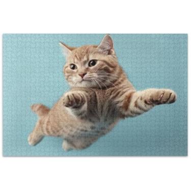 Imagem de Quebra-cabeça engraçado gato pulando adultos 1000 peças elefante branco presentes festa mordaça presente quebra-cabeça desenho animado animal