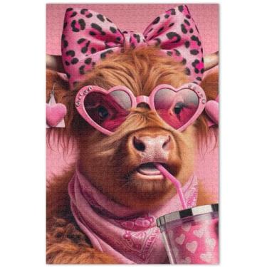 Imagem de Quebra-cabeça fofo de vaca Highland para Dia dos Namorados, 500 peças para adultos, engraçado, personalizado, exclusivo, quebra-cabeça, arte, pintura de paisagem, 51 x 35 cm