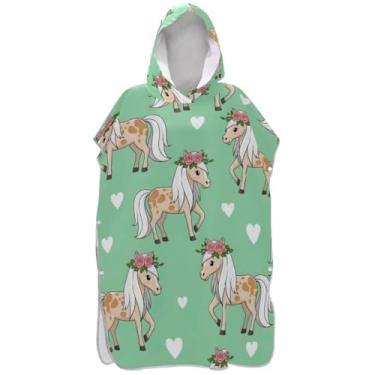 Imagem de Joisal Poncho de surfe plus size trocador para adultos toalha de natação com capuz bonito desenho animado cavalo verde unissex adulto poncho com capuz