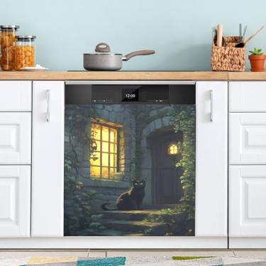 Imagem de Capa de ímã de máquina de lavar louça verde luz de porta gato reutilizável ímãs de máquina de lavar e secar capa decorativa 58 x 66 cm