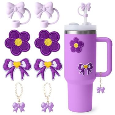 Imagem de linmaya 8 peças de acessórios para copos Stanley, acessórios Stanley | 2 peças de enfeite de canudo de laço de silicone, 2 pingentes de alça de laço, 2 peças de garrafas de água adesivos adesivos