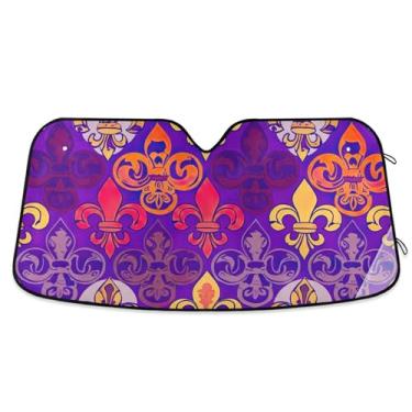 Imagem de Guarda-sol carnaval roxo flor de lis para para-brisa acessórios de carro retráteis universais protetores de para-brisa para para-brisa M, 139,7 cm x 70,1 cm