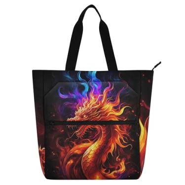 Imagem de Sacola feminina vibrante de arte digital dragão de fogo para trabalho, lona, praia, escola, bolsas reutilizáveis, presentes para amantes de livros