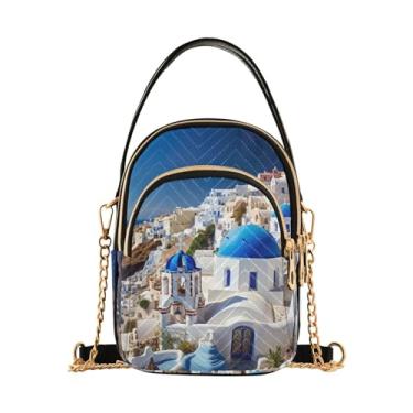 Imagem de GAIGEO Bolsa tiracolo azul e branca com alça de corrente, bolsas de ombro femininas, bolsas de ombro transversais para mulheres, Edifícios de Santorini-2, One Size