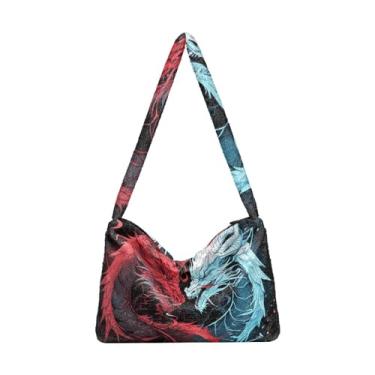 Imagem de Lindo dragão com bolsa de pelúcia vermelha e azul, bolsas femininas para livros, bolsas de outono, Lindo dragão com vermelho e azul, One Size