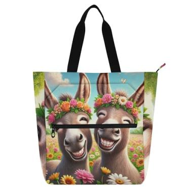 Imagem de GAIGEO Sacola feminina fofa de animal sorridente de burros para trabalho, com zíper, bolsa de praia, bolsas fofas com compartimentos