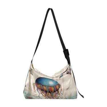 Imagem de Bolsa de ombro feminina tradicional africana com laranja, bolsa tiracolo vegana, bolsa transversal com alça larga, Cartão postal vintage azul colorido água-viva, One Size