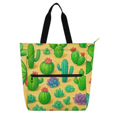 Imagem de Linda sacola de trabalho verde cacto de desenho animado para mulheres bolsa de lona praia escola bolsas fofas para crianças presente para amantes de livros