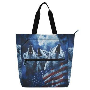 Imagem de GAIGEO Bolsa feminina Wolves Howling com bandeira dos EUA, bolsa de lona para escola, bolsa de professor com compartimentos