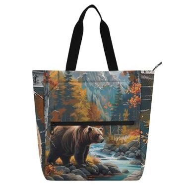 Imagem de GAIGEO Bolsa feminina com paisagem de urso marrom para trabalho, lona, praia, livro, bolsa com zíper, bolsa feminina infantil com compartimentos