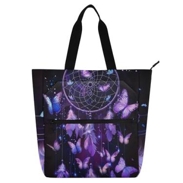 Imagem de Bolsa de trabalho feminina apanhador de sonhos de borboletas roxas sacola de lona para livros de praia com zíper bolsas médias para amantes de livros presentes