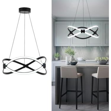 Imagem de Mayful Lustre de LED moderno, luz pendente preta, lustres de altura ajustável com formato de anel circular, lustres modernos para sala de jantar, cozinha, ilha, sala de estar, quarto, luz do dia 6000K
