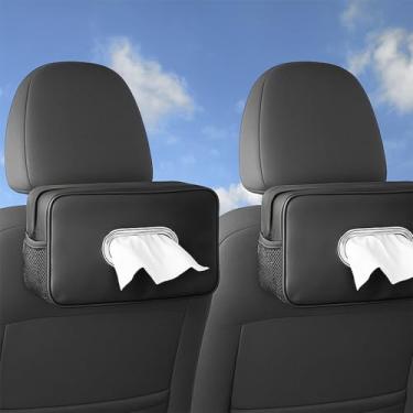 Imagem de 2 peças de porta-lenços de carro com 2 redes de armazenamento, capa de caixa de lenços de couro PU atualizada, organizador de guardanapos retangular grande para console central traseiro do assento