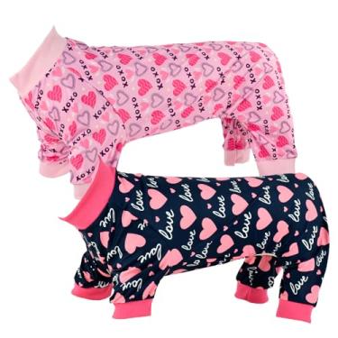 Imagem de Vehomy Pacote com 2 pijamas para cães de dia dos namorados fantasia de cachorro com padrões de coração de amor para animais de estimação, macacões, roupas de coração doce, pijamas para cães médios e