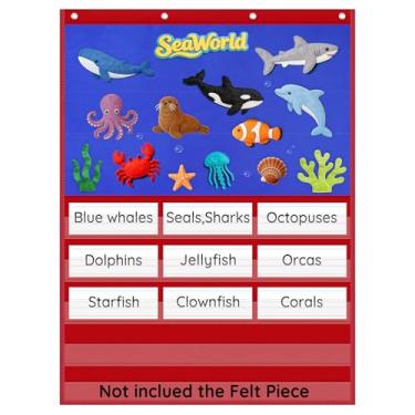 Imagem de Quadro de bolso padrão da AUVCAS com quadro de feltro para pendurar com 5 bolsos transparentes para sala de aula e casa, quadro de feltro para aprendizagem de crianças, narrativa interativa, 15 tiras