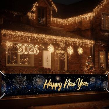 Imagem de HOMETITUTE Banner de Feliz Ano Novo 299,7 x 50,8 cm Grande Noite Cidade Fogos de Artifício Faixa Pendurada Feriado Cerca Exterior Varanda Parede Celebração Decoração Ano Novo Cenário de Festa Exibição