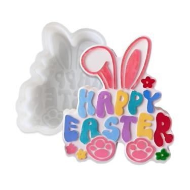 Imagem de Duawenki Molde de silicone Happy Rabbit em forma de Páscoa para fazer sabonete, contas aromáticas de carro, pingente, vela, resina, ornamentos decorativos de gesso e cimento