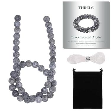Imagem de THRELE Contas de pedra, 45 peças de ágata fosca preta, contas soltas redondas de 8 mm para fazer joias, pulseiras, com bolsa de presente, cordão elástico e cartão de tamanho