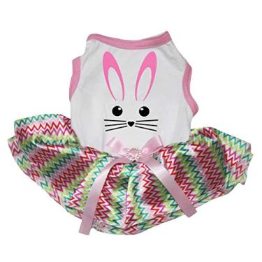 Imagem de Petitebella Lindo vestido tutu para cachorro com cara de coelho (branco/chevron arco-íris, 3GG)