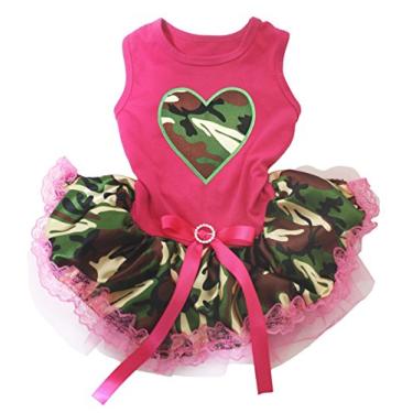 Imagem de Petitebella Vestido de cachorro camuflado coração (rosa choque/renda camuflada, médio)