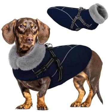 Imagem de Queenmore Casaco impermeável para cães pequenos, jaquetas refletivas à prova de vento para cães com arnês embutido, casacos de inverno para cães com zíper nas costas, roupa de neve quente com forro de