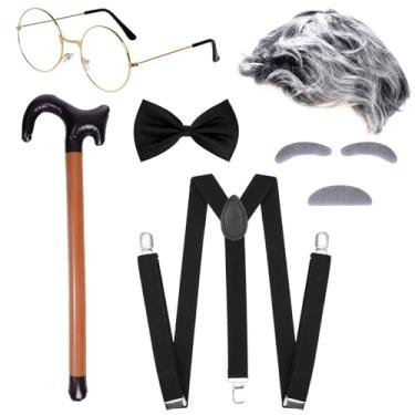 Imagem de Yymobt 6 peças fantasia masculina adulto 100 dias de escola, 100 dias de escola, fantasia masculina para o Dia das Bruxas, fantasia de vovô anos 20, acessórios de fantasia de velho