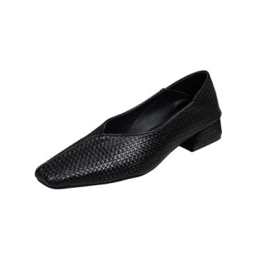 Imagem de Mocassins femininos chiques casuais versáteis plus size respiráveis com bico quadrado salto fechado sola lisa macia salto baixo de um pé, Preto, 35