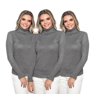 Imagem de Kit 3 Blusas Feminina Tricô Manga Longa Gola Alta Lã Inverno Casual - 