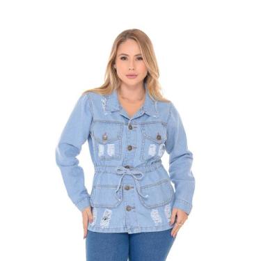 Imagem de Parka jeans feminina 100% clara puida rasgada com 2 bolso - Ss Jeans, 