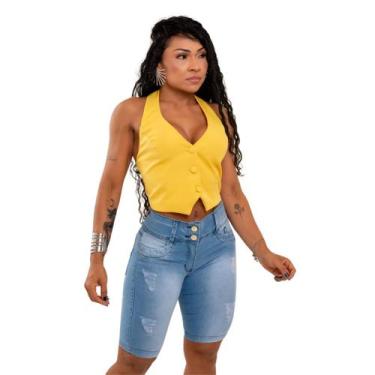 Imagem de Bermuda Jeans Feminina, Azul Claro Pouca Lavagem, com Zíper e 02 Botõe