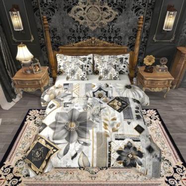 Imagem de Erosebridal Conjunto de cama Queen floral boêmio, 7 peças, conjunto de edredom de flores abstratas modernas com lençóis, cama rústica vintage de fazenda em uma bolsa para adultos, crianças, preto e