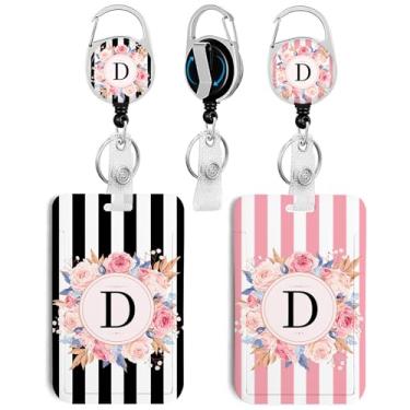 Imagem de Pacote com 2 porta-crachás de identificação com letra A-Z com molinete retrátil para crachá resistente, chaveiro, suporte de identificação para escola, enfermeira, escritório, listra preta e rosa D