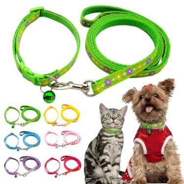 Imagem de Coleiras para gatos com conjunto de sino e trela, coleira de nylon para cães XXS XS Filhote de cachorro pequeno gatinho macho, animal de estimação, verde