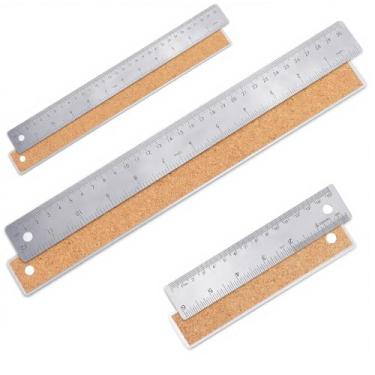 Imagem de Régua de metal de aço inoxidável de 15 cm com suporte de cortiça, réguas antiderrapantes com polegadas e centímetros, réguas de base de cortiça de borda reta para ferramentas de desenho de escritório