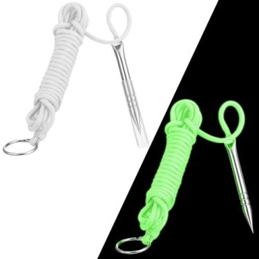 Imagem de Soulchen 2 peças 3,5 m 250 kg Paracord que brilha no escuro suporte de pesca com espiga de peixe de aço inoxidável e anel dividido de 2,5 cm (branco, brilho em azul)