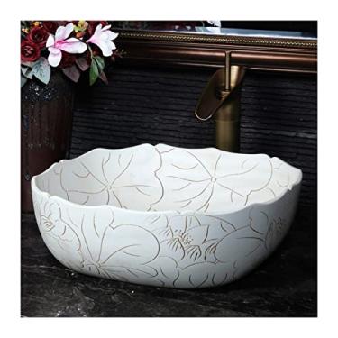 Imagem de Pia de vaso quadrada 39,9 cm x 39,9 cm vintage esculpida à mão padrão de lótus acima do balcão porcelana branca vaso de banheiro pia de banheiro pia de banheiro cerâmica pequena