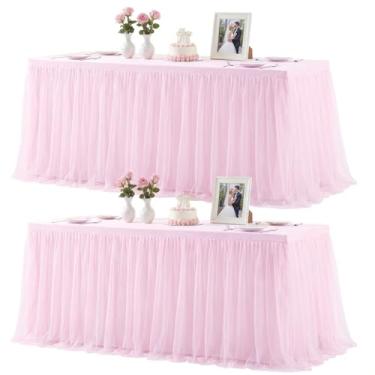 Imagem de Pacote com 2 toalhas de mesa rosa para mesas retangulares de 1,8 m, toalha de mesa de tule, toalha de mesa rosa, retangular, 1,8 m, elastano elástico, capas de mesa para chá de bebê, meninas, festa de