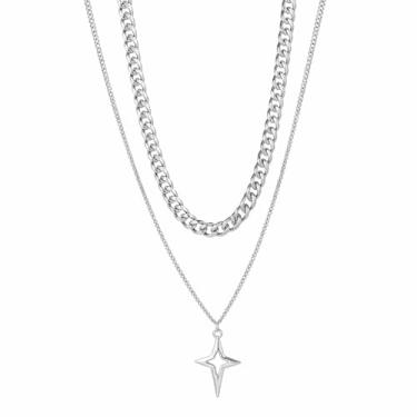 Imagem de Mermerland Colar de camada dupla com pingente de estrela de cruz vazada | Aço inoxidável banhado a ouro branco | Corrente ajustável hip hop para mulheres