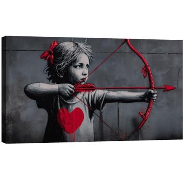 Imagem de Halioyo Arte de parede em tela para garotinha, pôster de grafite de menina com laço vermelho e coração, impressão de arte de grafite de rua moderna para sala de estar, quarto, dormitório, decoração de